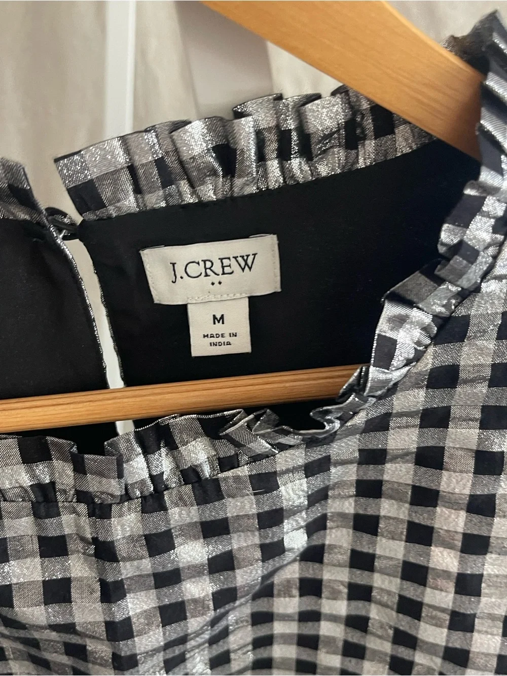 J.Crew Factory Shiny Gingham Puff Sleeve Top Black Silver Lurex M